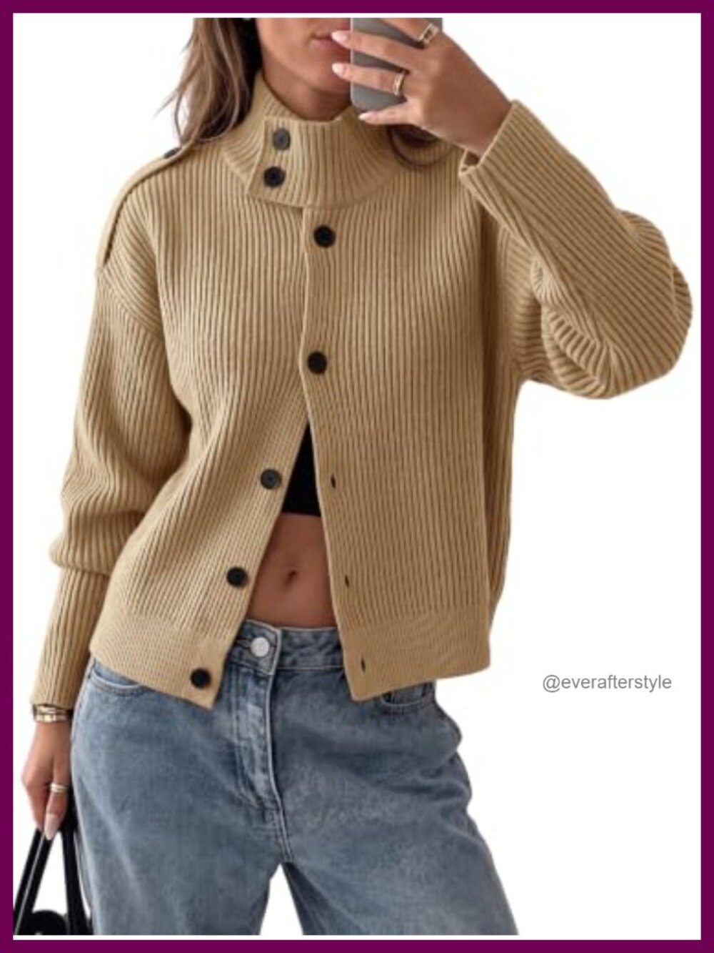 Saodimallsu Womens Chunky Knit Button Cardigan Mock Neck Long Sleeve Sweater